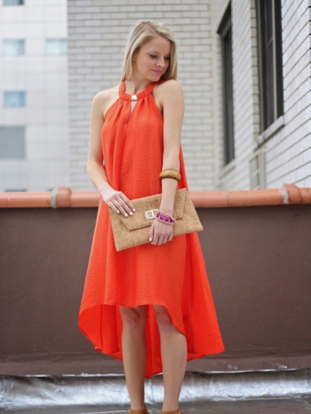 H&M Conscious Collection Orange Halter Midi Dress Hi-Low Gold Detail Size 2